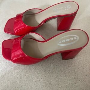 Scoop Red Patent Leather Block Heel Mules
